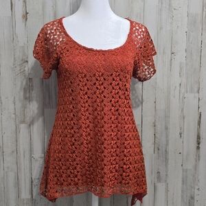 Brittany Black Short Sleeve Burnt Orange Lace Tunic Knit Boho Blouse Size Small